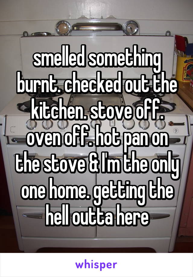 smelled something burnt. checked out the kitchen. stove off. oven off. hot pan on the stove & I'm the only one home. getting the hell outta here