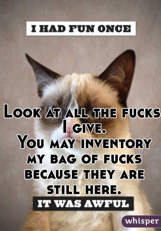 Look at all the fucks I give.
 You may inventory my bag of fucks because they are still here.