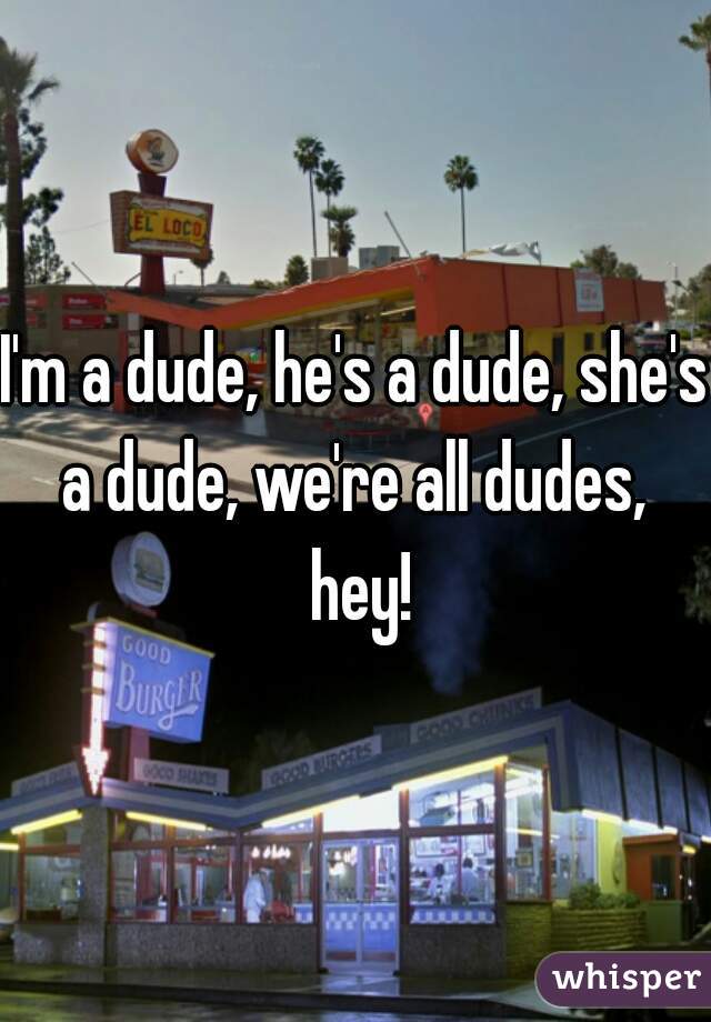 I'm a dude, he's a dude, she's a dude, we're all dudes,  hey!