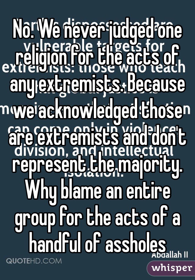 No. We never judged one religion for the acts of any extremists. Because we acknowledged those are extremists and don't represent the majority. Why blame an entire group for the acts of a handful of assholes