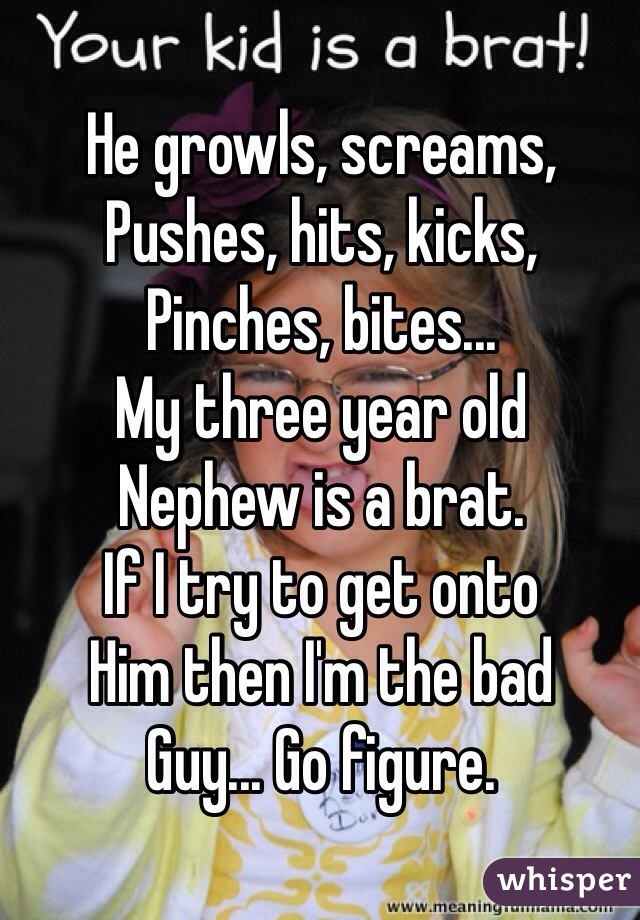 He growls, screams,
Pushes, hits, kicks,
Pinches, bites...
My three year old
Nephew is a brat.
If I try to get onto
Him then I'm the bad
Guy... Go figure.