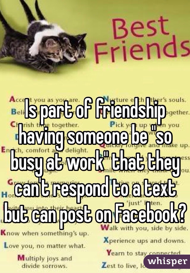 Is part of friendship having someone be "so busy at work" that they can't respond to a text but can post on Facebook?