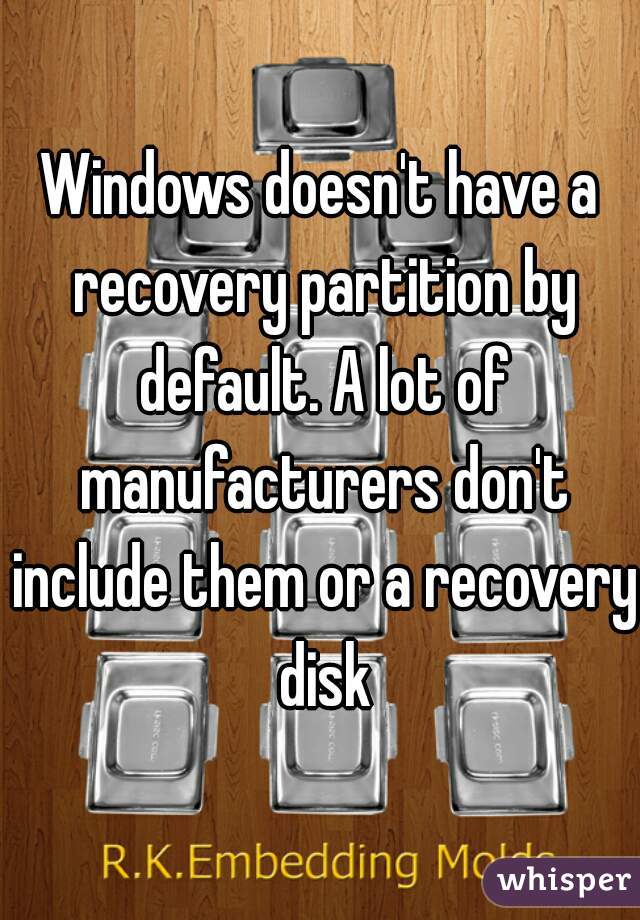 Windows doesn't have a recovery partition by default. A lot of manufacturers don't include them or a recovery disk