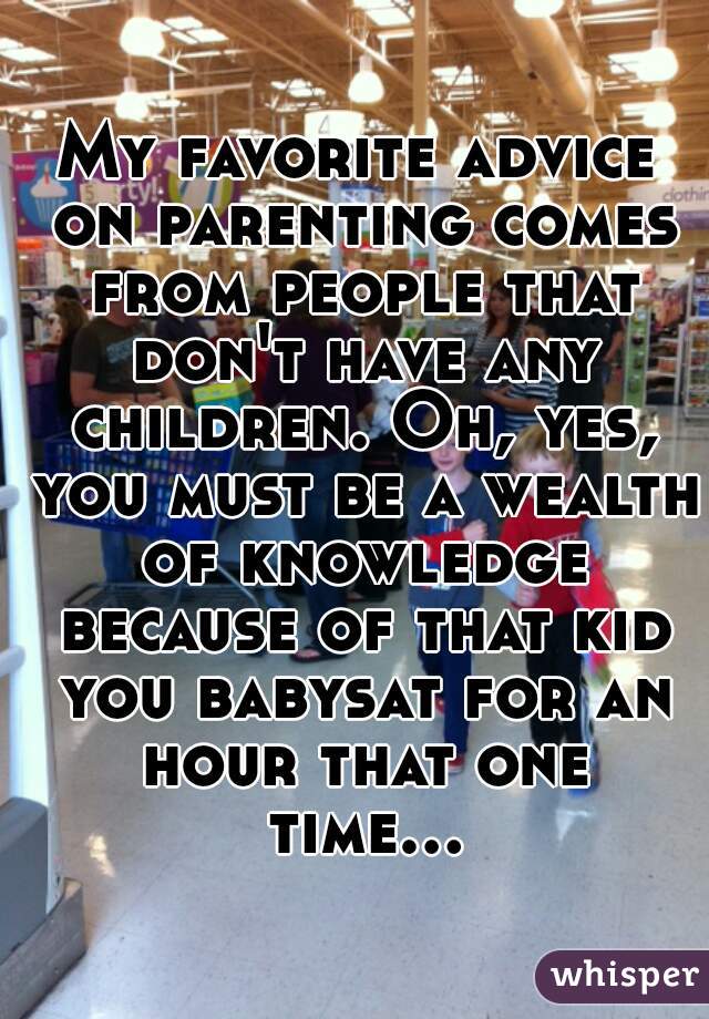 My favorite advice on parenting comes from people that don't have any children. Oh, yes, you must be a wealth of knowledge because of that kid you babysat for an hour that one time...  