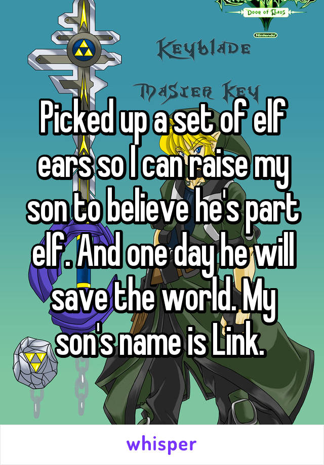 Picked up a set of elf ears so I can raise my son to believe he's part elf. And one day he will save the world. My son's name is Link. 