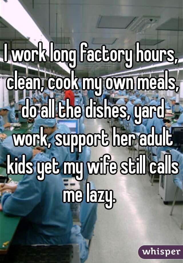 I work long factory hours, clean, cook my own meals, do all the dishes, yard work, support her adult kids yet my wife still calls me lazy.  