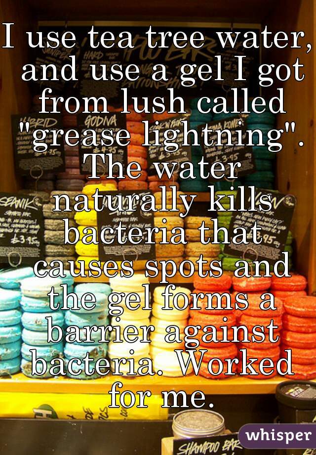 I use tea tree water, and use a gel I got from lush called "grease lightning". The water naturally kills bacteria that causes spots and the gel forms a barrier against bacteria. Worked for me.
