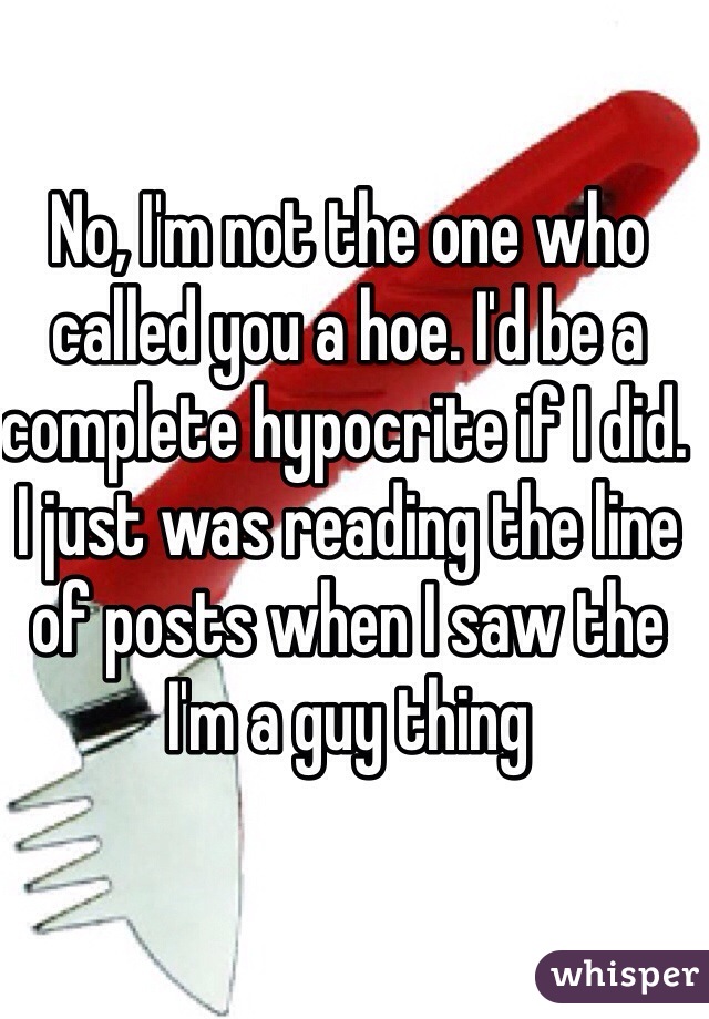 No, I'm not the one who called you a hoe. I'd be a complete hypocrite if I did. I just was reading the line of posts when I saw the I'm a guy thing