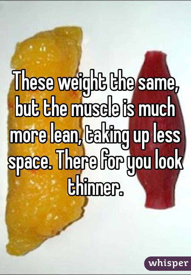 These weight the same, but the muscle is much more lean, taking up less space. There for you look thinner. 