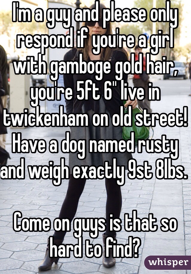 I'm a guy and please only respond if you're a girl with gamboge gold hair, you're 5ft 6" live in twickenham on old street! Have a dog named rusty and weigh exactly 9st 8lbs. 

Come on guys is that so hard to find? 