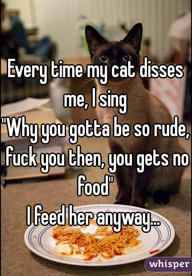 Every time my cat disses me, I sing 
"Why you gotta be so rude, fuck you then, you gets no food" 
I feed her anyway... 