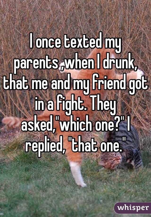 I once texted my parents ,when I drunk, that me and my friend got in a fight. They asked,"which one?" I replied, "that one." 