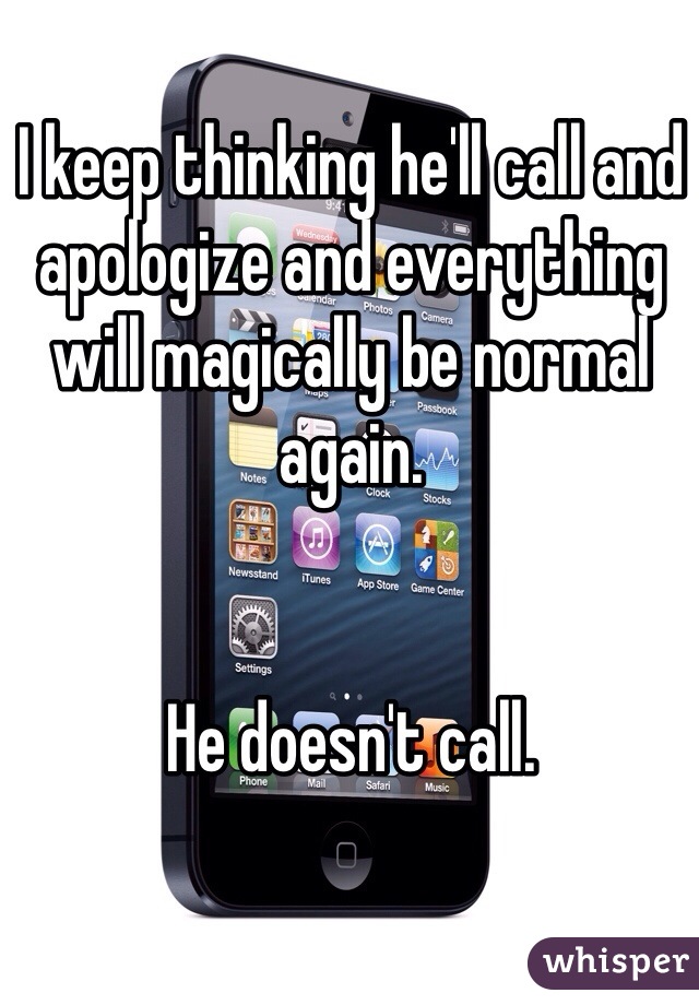 I keep thinking he'll call and apologize and everything will magically be normal again. 


He doesn't call. 
