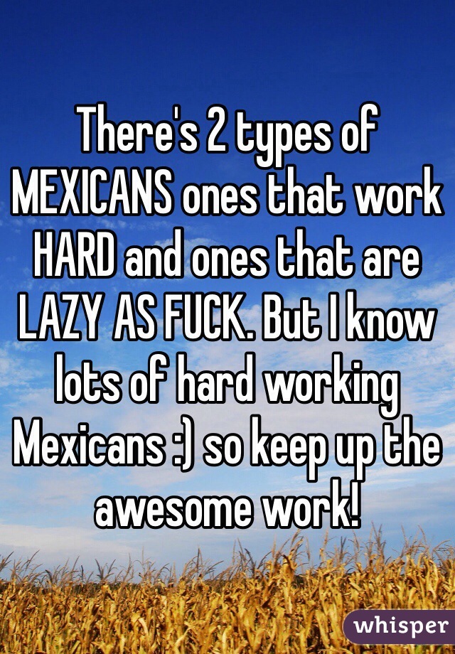 There's 2 types of MEXICANS ones that work HARD and ones that are LAZY AS FUCK. But I know lots of hard working Mexicans :) so keep up the awesome work! 