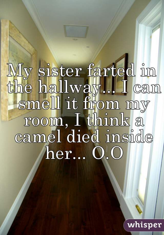 My sister farted in the hallway... I can smell it from my room, I think a camel died inside her... O.O