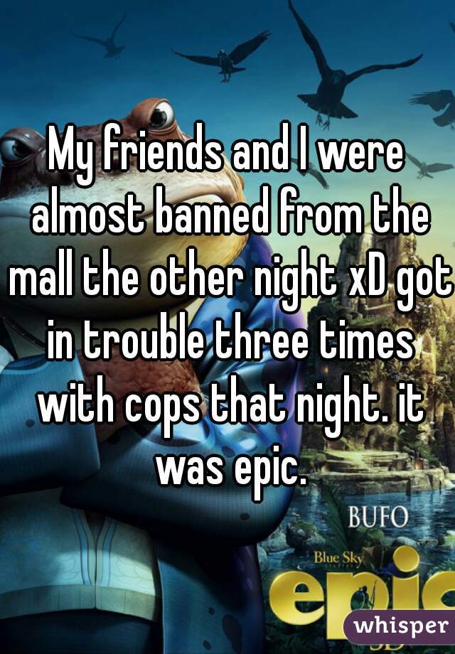 My friends and I were almost banned from the mall the other night xD got in trouble three times with cops that night. it was epic.