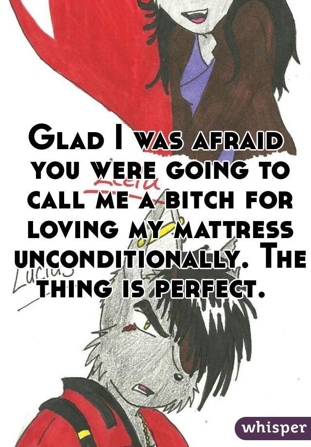 Glad I was afraid you were going to call me a bitch for loving my mattress unconditionally. The thing is perfect.  