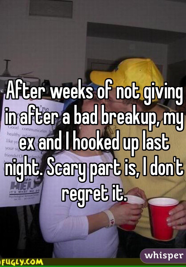 After weeks of not giving in after a bad breakup, my ex and I hooked up last night. Scary part is, I don't regret it. 