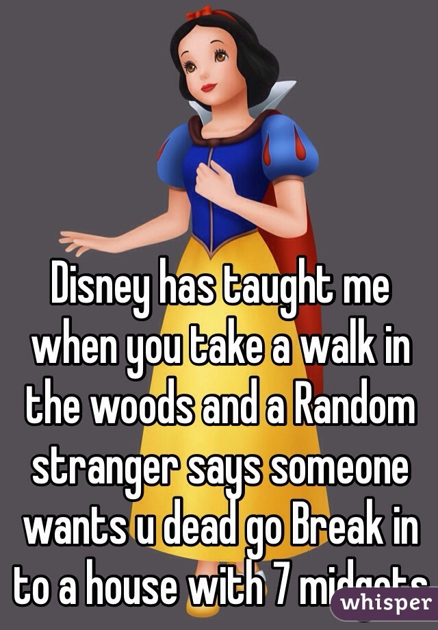 Disney has taught me when you take a walk in the woods and a Random stranger says someone wants u dead go Break in to a house with 7 midgets 
