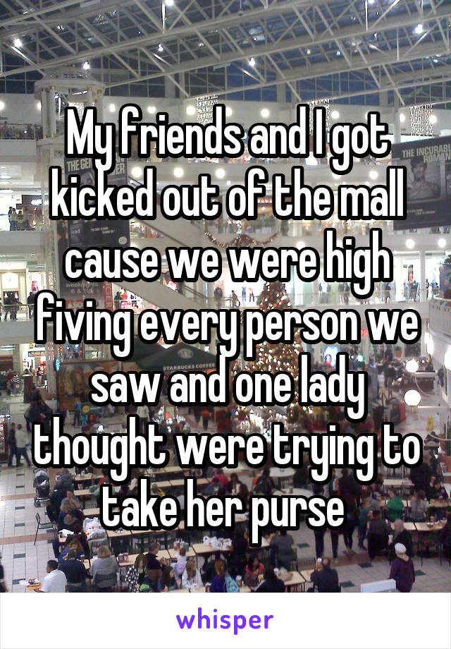 My friends and I got kicked out of the mall cause we were high fiving every person we saw and one lady thought were trying to take her purse 