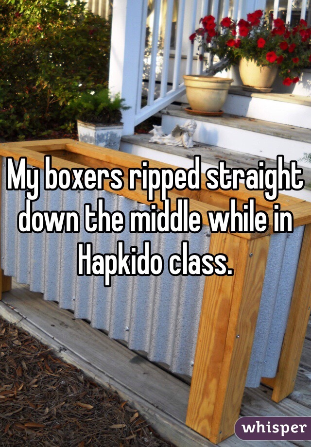 My boxers ripped straight down the middle while in Hapkido class. 