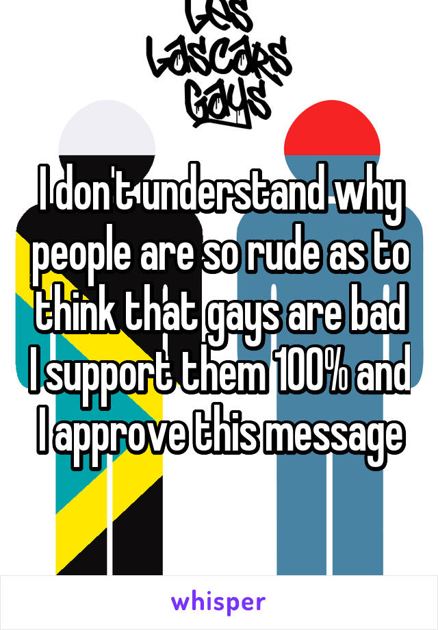 I don't understand why people are so rude as to think that gays are bad I support them 100% and I approve this message