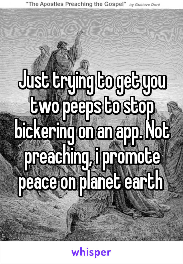 Just trying to get you two peeps to stop bickering on an app. Not preaching, i promote peace on planet earth 