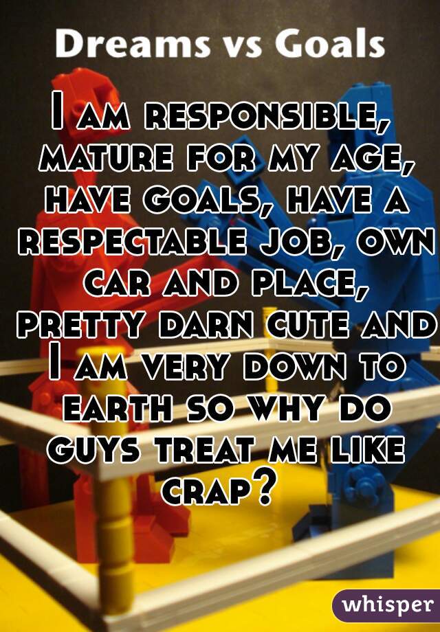 I am responsible, mature for my age, have goals, have a respectable job, own car and place, pretty darn cute and I am very down to earth so why do guys treat me like crap? 