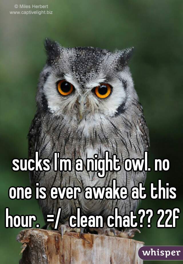 sucks I'm a night owl. no one is ever awake at this hour.  =/  clean chat?? 22f