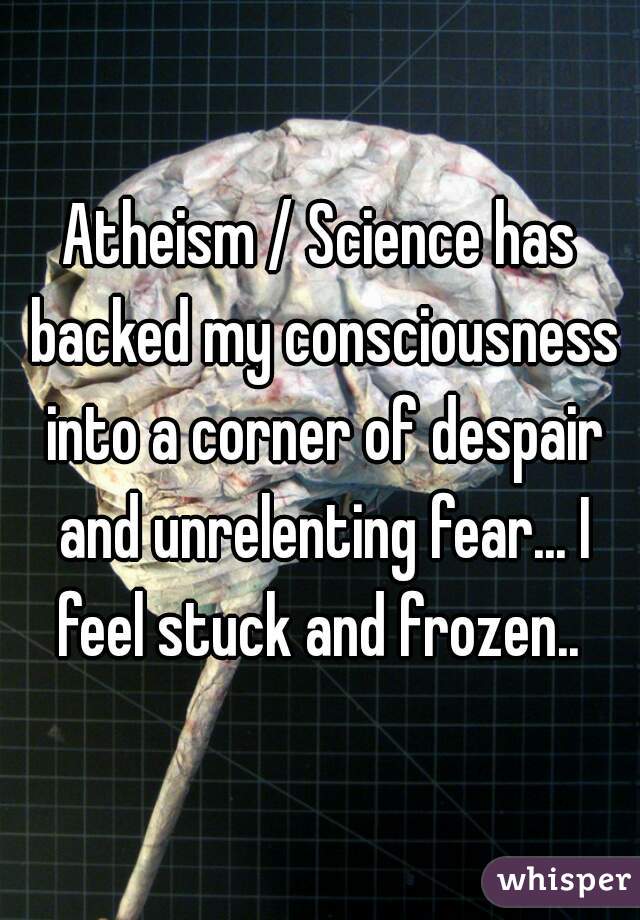 Atheism / Science has backed my consciousness into a corner of despair and unrelenting fear... I feel stuck and frozen.. 