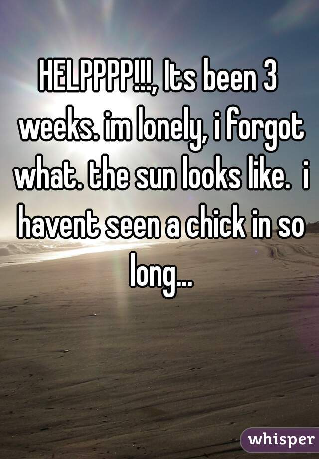 HELPPPP!!!, Its been 3 weeks. im lonely, i forgot what. the sun looks like.  i havent seen a chick in so long...
