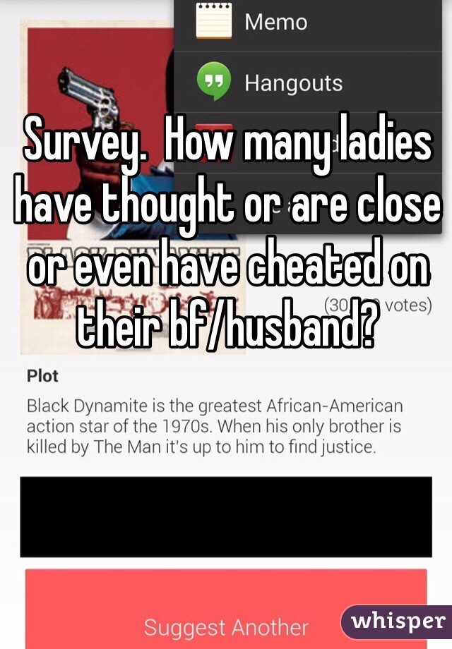 Survey.  How many ladies have thought or are close or even have cheated on their bf/husband?