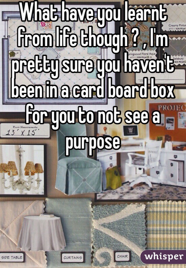 What have you learnt from life though ? , I'm pretty sure you haven't been in a card board box for you to not see a purpose  