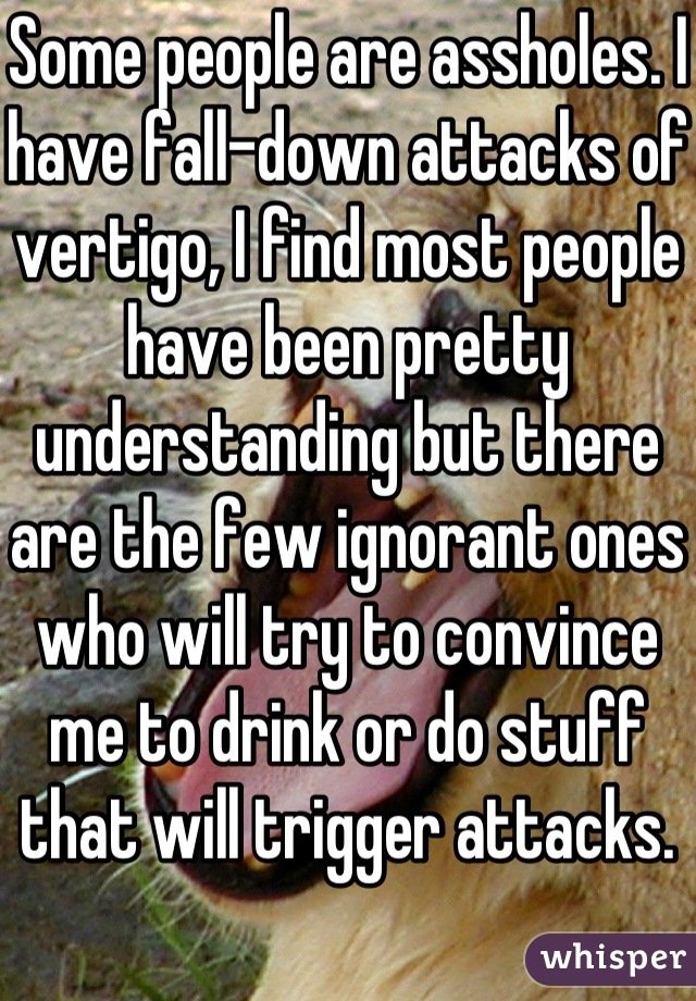 Some people are assholes. I have fall-down attacks of vertigo, I find most people have been pretty understanding but there are the few ignorant ones who will try to convince me to drink or do stuff that will trigger attacks. 