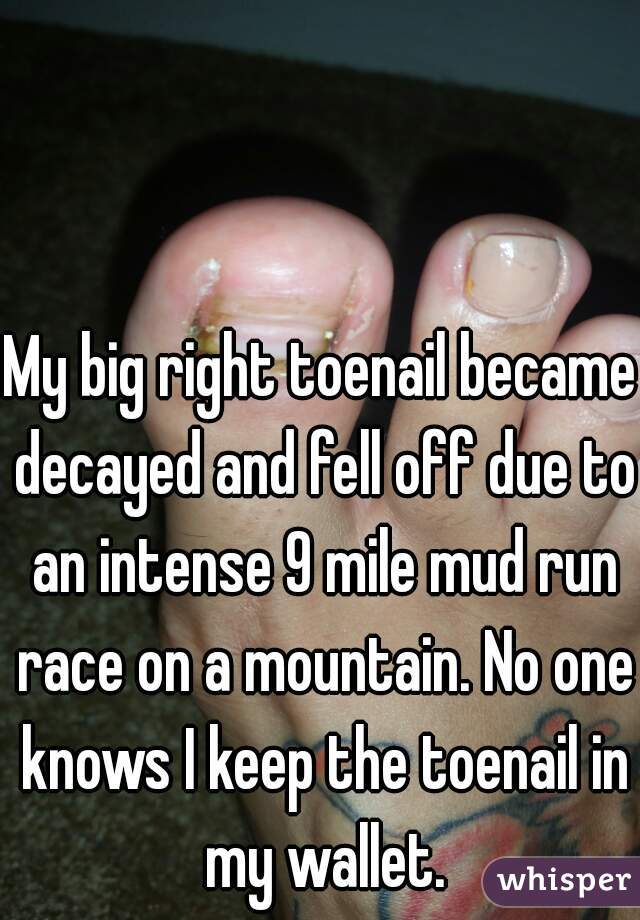 My big right toenail became decayed and fell off due to an intense 9 mile mud run race on a mountain. No one knows I keep the toenail in my wallet.