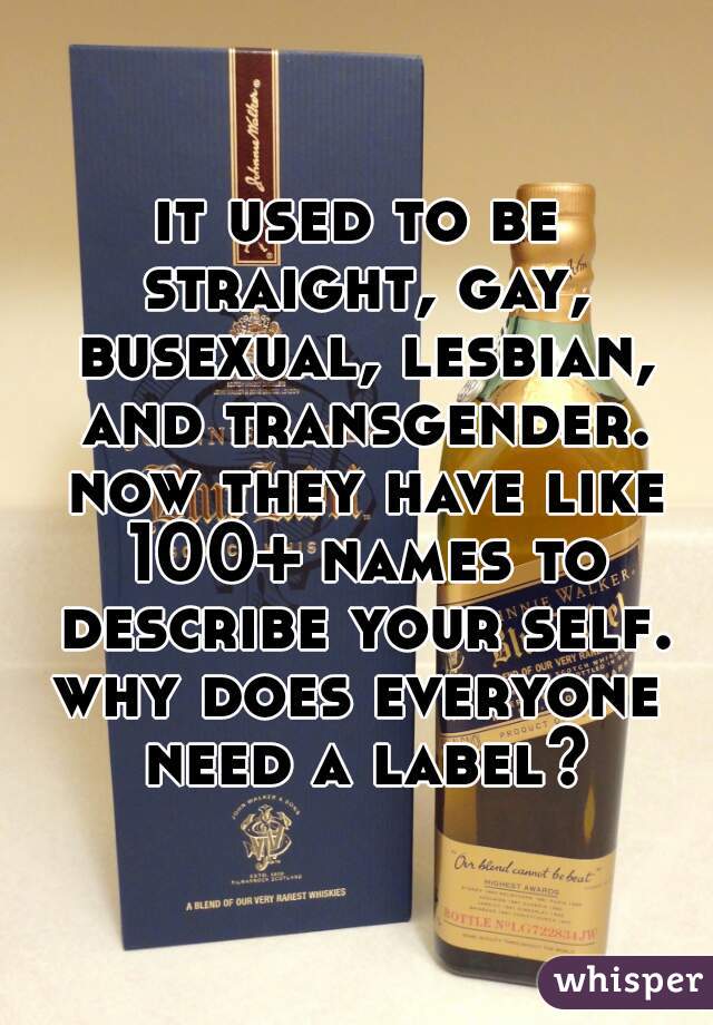 it used to be straight, gay, busexual, lesbian, and transgender. now they have like 100+ names to describe your self.
why does everyone need a label?