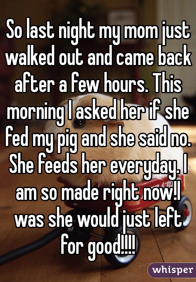 So last night my mom just walked out and came back after a few hours. This morning I asked her if she fed my pig and she said no. She feeds her everyday. I am so made right now!I was she would just left for good!!!!