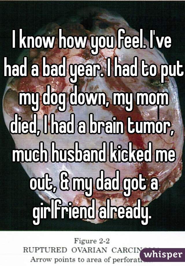 I know how you feel. I've had a bad year. I had to put my dog down, my mom died, I had a brain tumor,  much husband kicked me out, & my dad got a girlfriend already. 