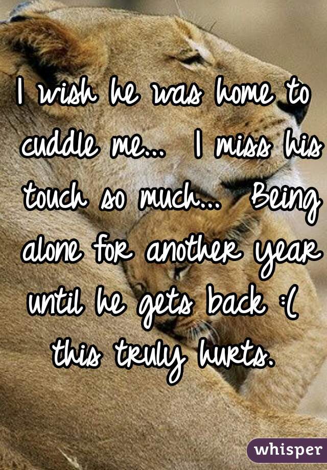 I wish he was home to cuddle me...  I miss his touch so much...  Being alone for another year until he gets back :(  this truly hurts. 