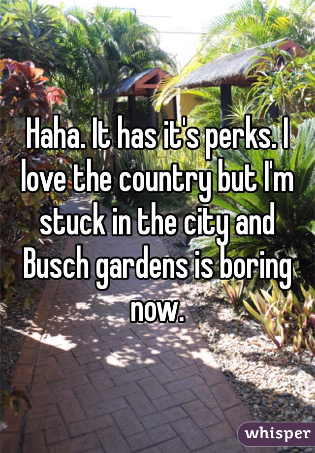 Haha. It has it's perks. I love the country but I'm stuck in the city and Busch gardens is boring now. 