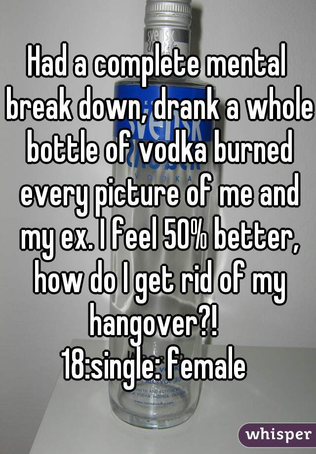 Had a complete mental break down, drank a whole bottle of vodka burned every picture of me and my ex. I feel 50% better, how do I get rid of my hangover?!  
18:single: female 