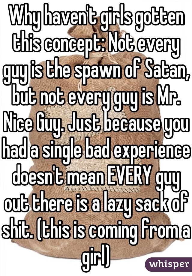 Why haven't girls gotten this concept: Not every guy is the spawn of Satan, but not every guy is Mr. Nice Guy. Just because you had a single bad experience doesn't mean EVERY guy out there is a lazy sack of shit. (this is coming from a girl)