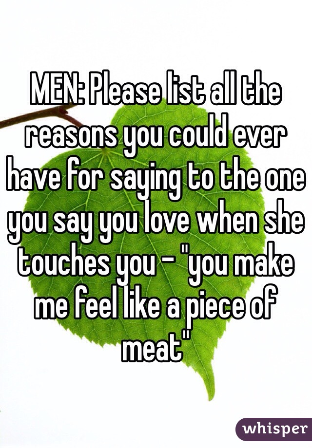 MEN: Please list all the reasons you could ever have for saying to the one you say you love when she touches you - "you make me feel like a piece of meat"