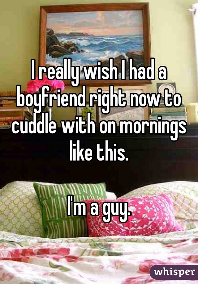 I really wish I had a boyfriend right now to cuddle with on mornings like this. 

I'm a guy. 