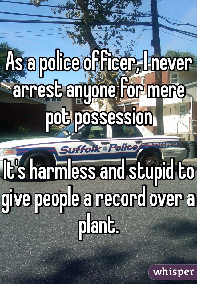 As a police officer, I never arrest anyone for mere pot possession

It's harmless and stupid to give people a record over a plant.