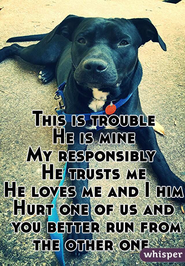 This is trouble
He is mine
My responsibly 
He trusts me
He loves me and I him 
Hurt one of us and you better run from the other one  