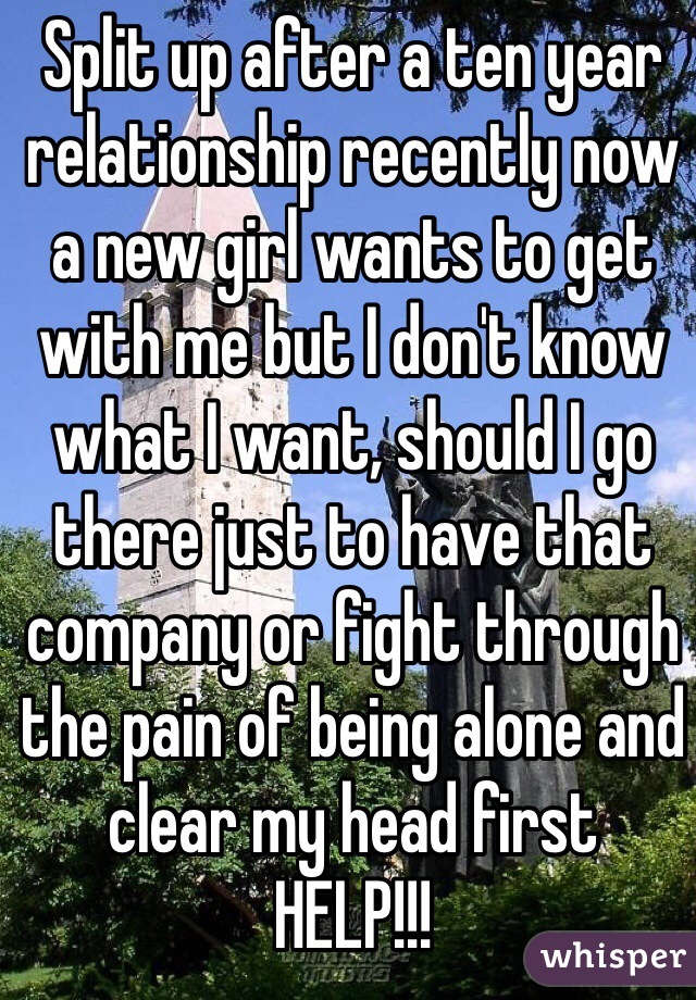 Split up after a ten year relationship recently now a new girl wants to get with me but I don't know what I want, should I go there just to have that company or fight through the pain of being alone and clear my head first
HELP!!!