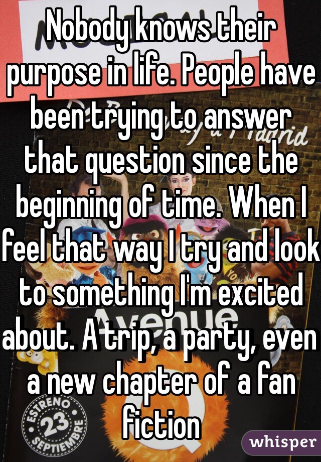 Nobody knows their purpose in life. People have been trying to answer that question since the beginning of time. When I feel that way I try and look to something I'm excited about. A trip, a party, even a new chapter of a fan fiction 