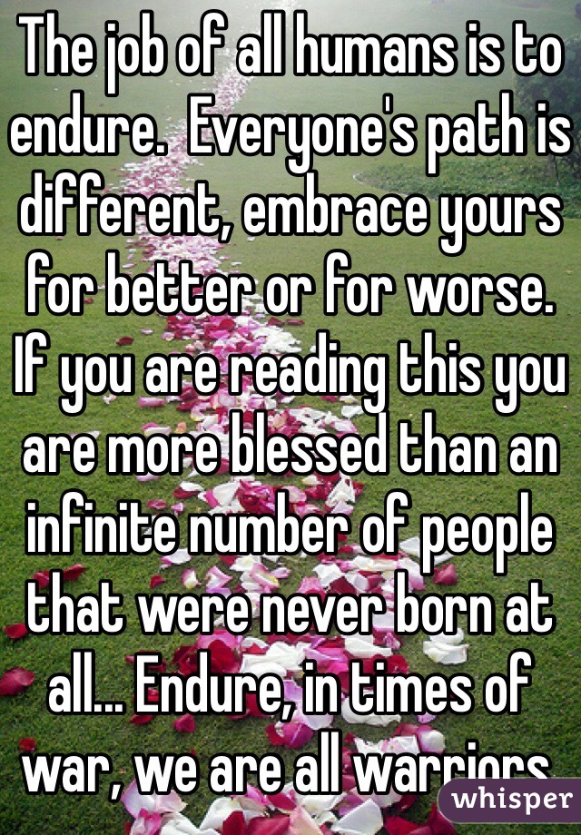 The job of all humans is to endure.  Everyone's path is different, embrace yours for better or for worse.  If you are reading this you are more blessed than an infinite number of people that were never born at all... Endure, in times of war, we are all warriors. 