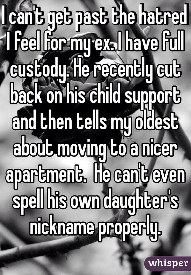 I can't get past the hatred I feel for my ex. I have full custody. He recently cut back on his child support and then tells my oldest about moving to a nicer apartment.  He can't even spell his own daughter's nickname properly.  